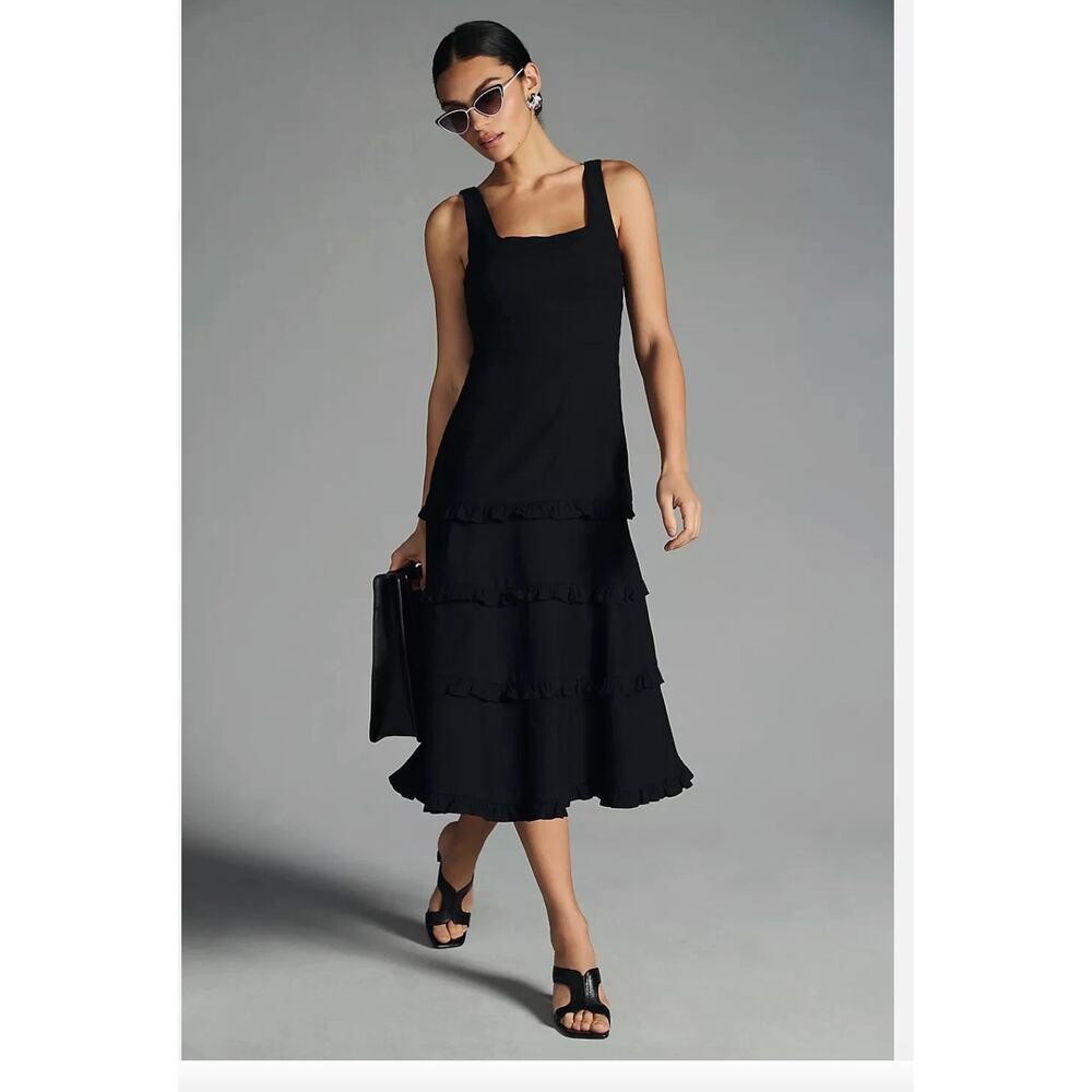 Anthropologie The Blythe Square-Neck Tiered Dress Black Linen Blend Size 1X